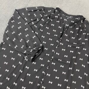 New Zac & Rachel Women 2X Blouse Black Bow Print Ruffle Neck Button Down Formal